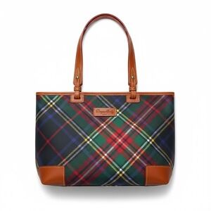 Dooney Bourke Plaid Tote Bag Leather Trim Shoulder Bag